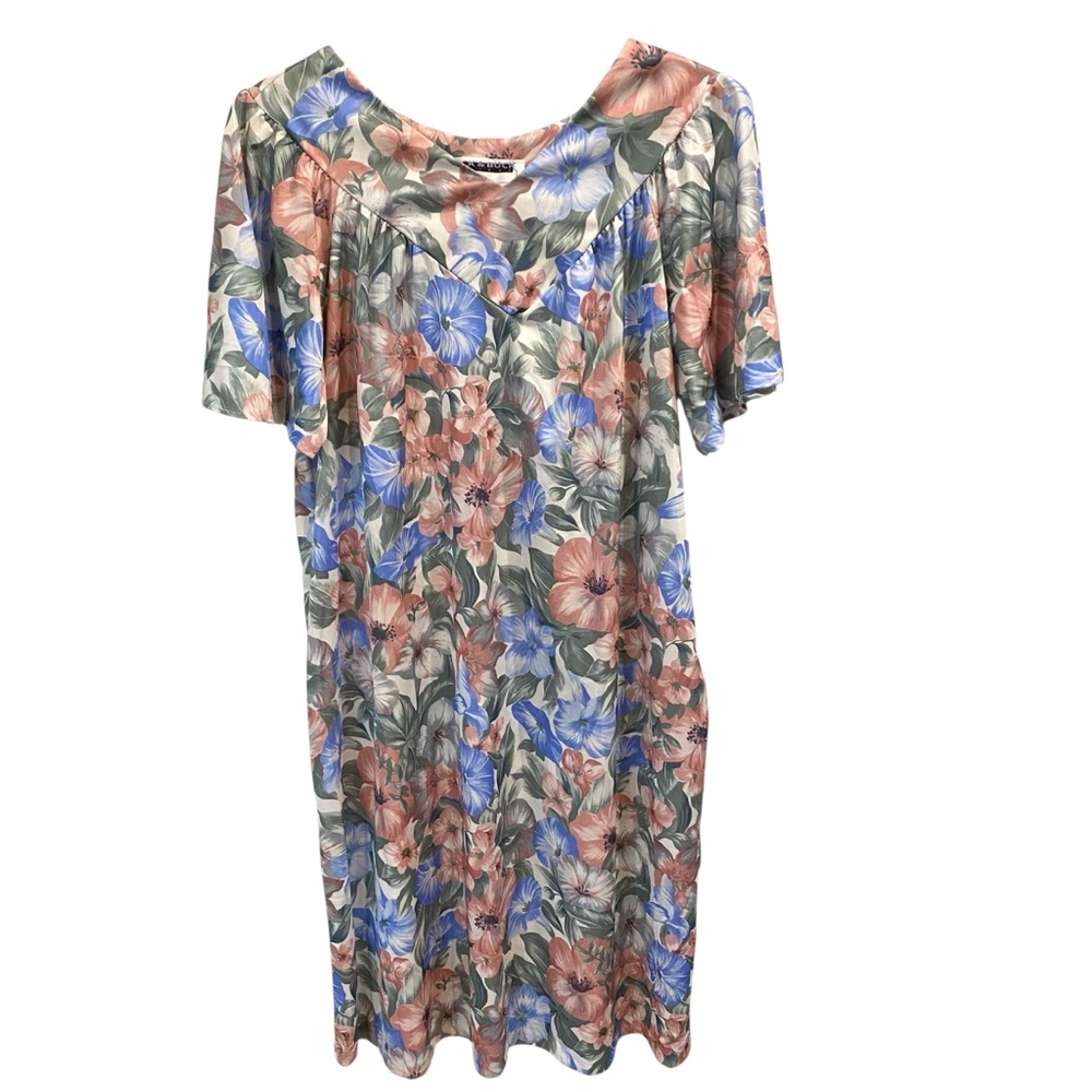 Vintage Pastel Hawaiian Floral Print Patio Dress House Lounger Mumu